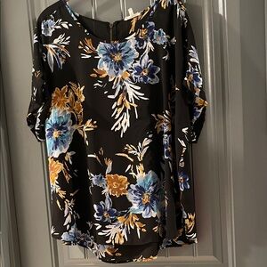 Women's Black Floral Short-Sleeve Blouse with Blue & Mustard Blooms